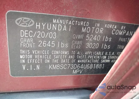 2004 Hyundai Santa Fe Gls z USA, uszkodzony, nr VIN KM8SC73D64U681881